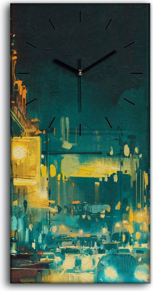 Wanduhr Leinwand Bild Uhr Kunstdruck 30x60 bunte Licht der Stadt mit Gebäuden - schwarze Hände