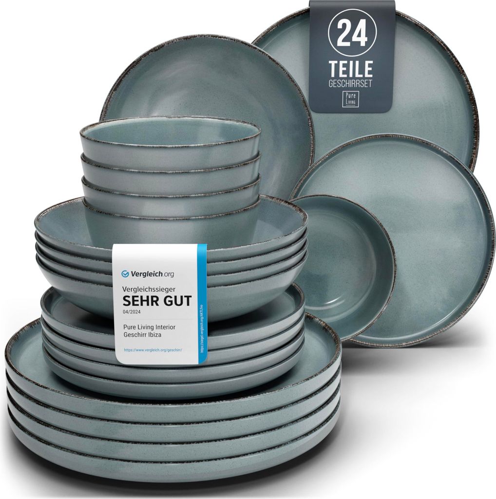 A stack of blue-gray ceramic plates and bowls, with a small white and blue card placed on one of the bowls.