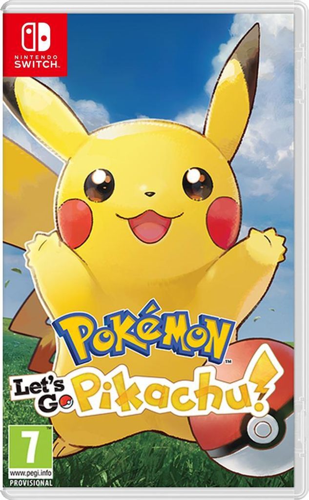 The image shows the front cover of the Nintendo Switch game 'Pokémon Let's Go Pikachu!'. Pikachu is prominently featured, along with the game's title and the Nintendo Switch logo.