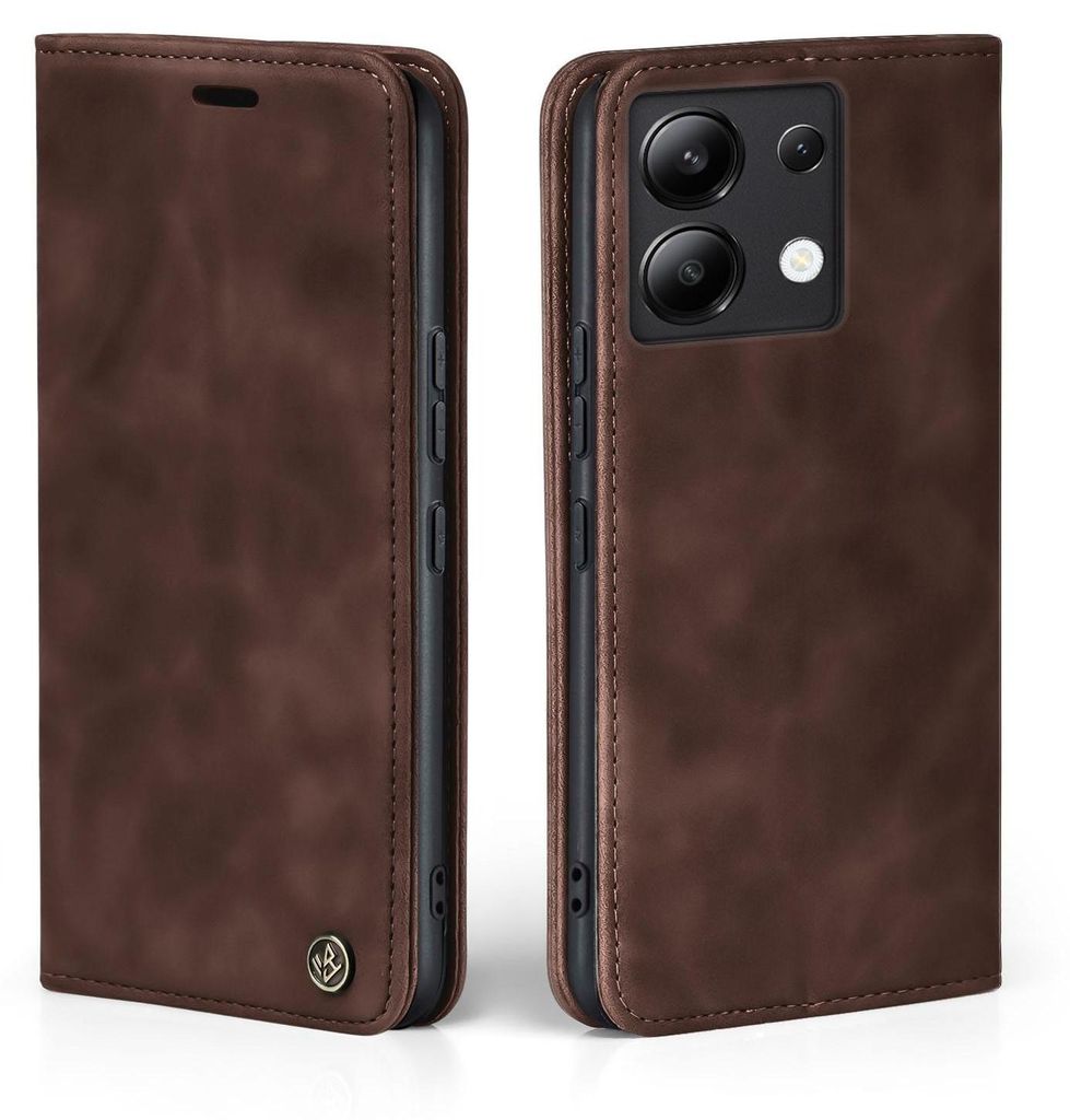 A brown leather flip case for a smartphone is shown from two angles against a white background.