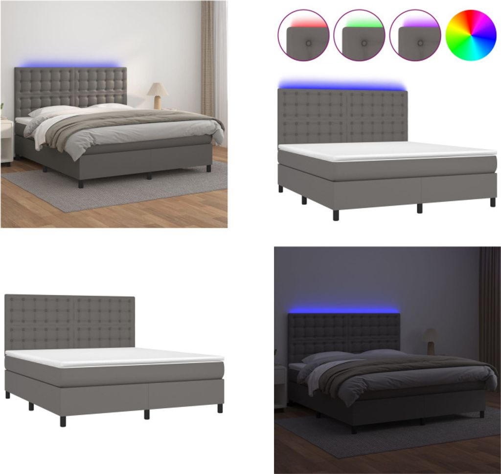 vidaXL Boxspringbett mit Matratze & LED Grau 180x200 cm Kunstleder - Boxspringbett - Boxspringbetten - Bett - Schlafzimmermöbel