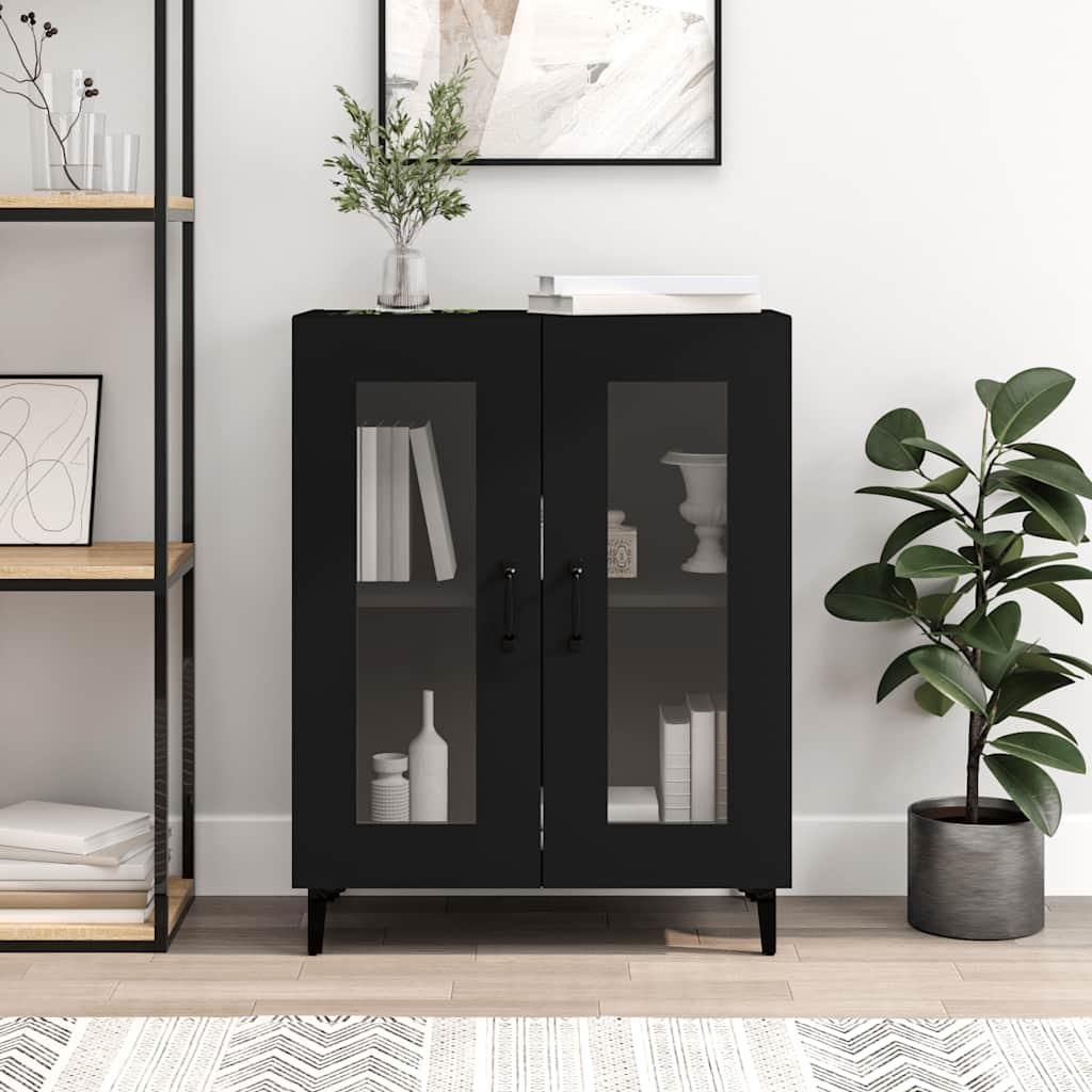 A black sideboard with glass doors is shown in a room.