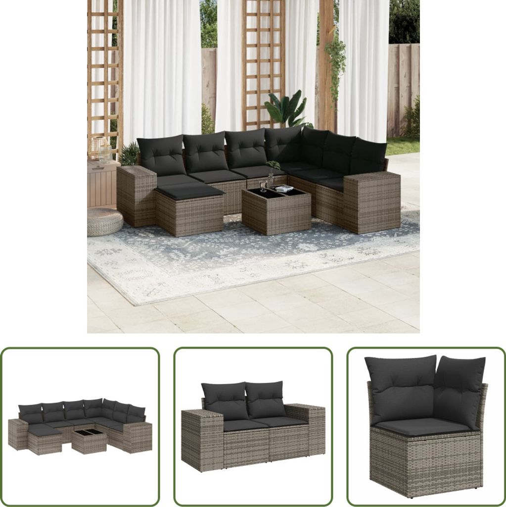 The Living Store 8-tlg. Garten-Sofagarnitur mit Kissen Grau Poly Rattan