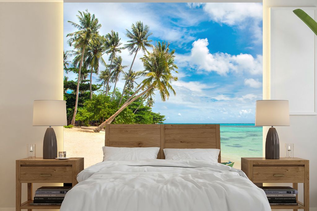 MuchoWow Fototapete für Wohnzimmer oder Schlafzimmer Wandtapete Vinyl Motivtapete Strand - Kanu - Palme - Tropisch - 220x220 cm - Tapeten