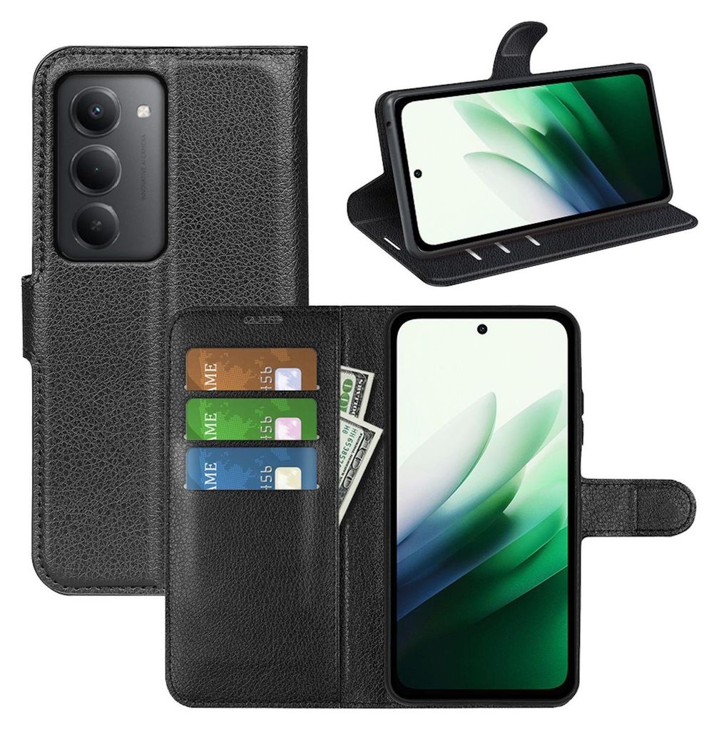 A collage of images showing a black leather wallet-style phone case for a Xiaomi Redmi 15 5G, with the phone inserted and also displayed separately.