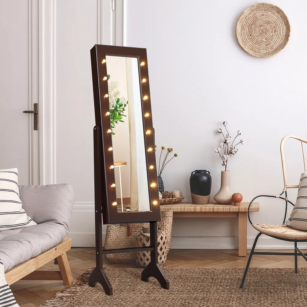 COSTWAY Armadio Portagioie 18 LED Marrone: Specchio Intero e Trucco