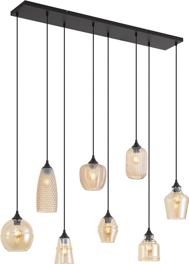 QAZQA - Art Deco Art-Deco-Hängeleuchte schwarz mit bernsteinfarbenem Glas 8-flammig - Hanne I Wohnzimmer I Schlafzimmer - Länglich - LED geeignet...