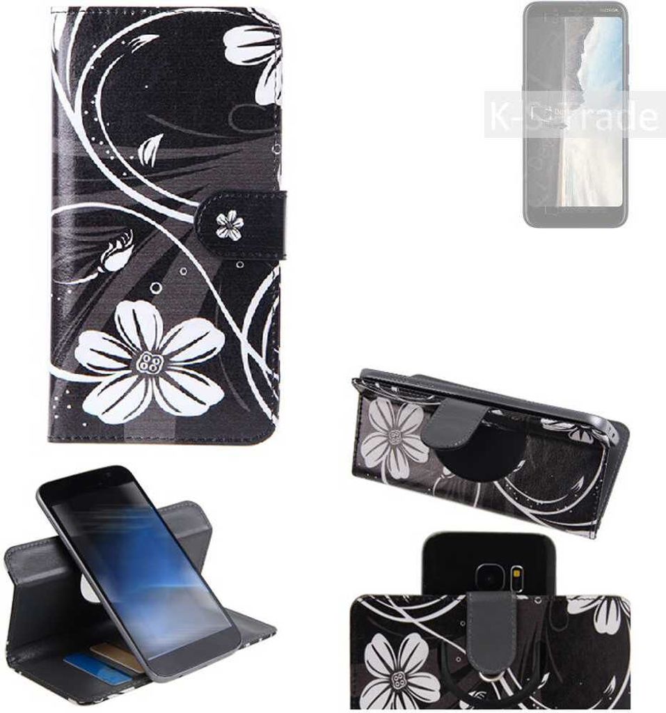 K-S-Trade Schutzhülle Handyhülle kompatibel mit Nokia C2 Tennen Hülle 360° Wallet Case ''Flowers'' Klapphülle Hülle schwarz-weiß 1x