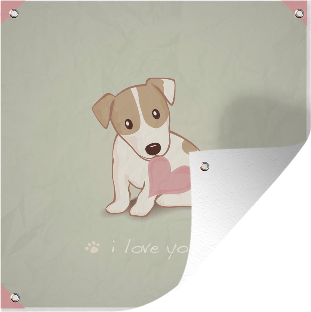 MuchoWow 100x100 cm Outdoor-Poster Gartendeko Sichtschutz Garten Poster für den Garten Eine Illustration eines weißen und braunen Welpen mit e...