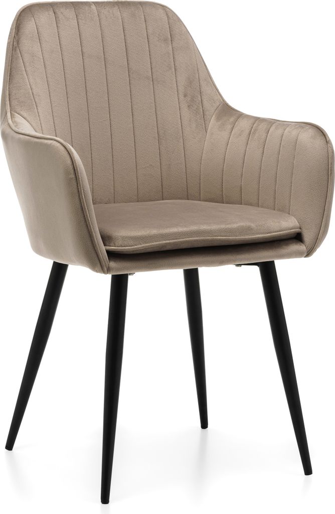 A single beige upholstered chair with black legs on a white background.