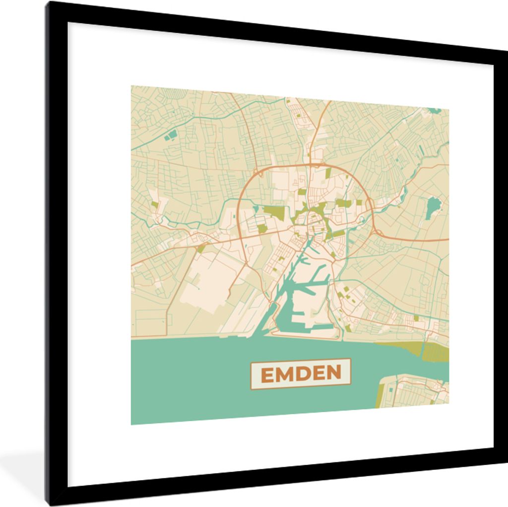 MuchoWow Gerahmtes Poster Karte - Karte - Stadtplan - Emden - Vintage 40x40 cm - Poster mit Schwarzem Bilderrahmen Wandposter Rahmen Foto Bilder ...