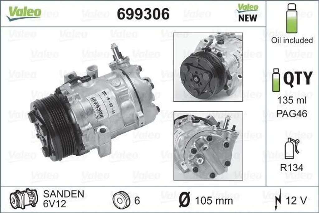 Compresseur de Climatisation Valeo 699306 pour Opel Corsa C et Astra G