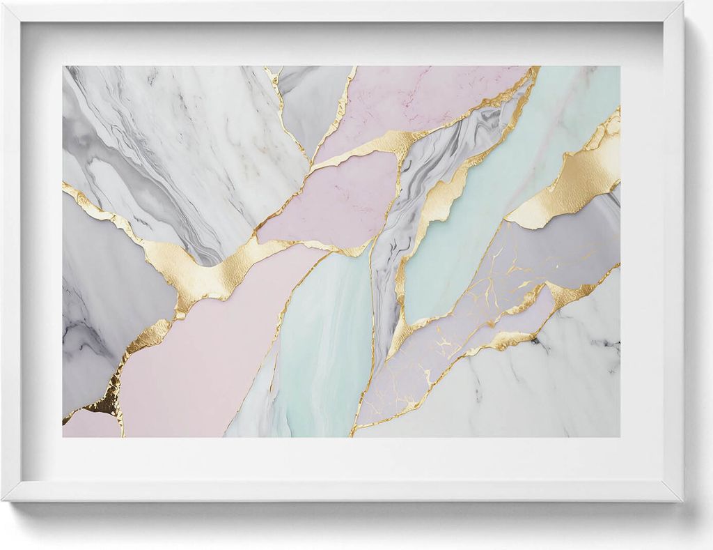 Pastellfarbener Marmor– Wandbild mit Rahmen – Gerahmtes Bild – Wanddekoration – 70x50 cm – Weiß Rahmen