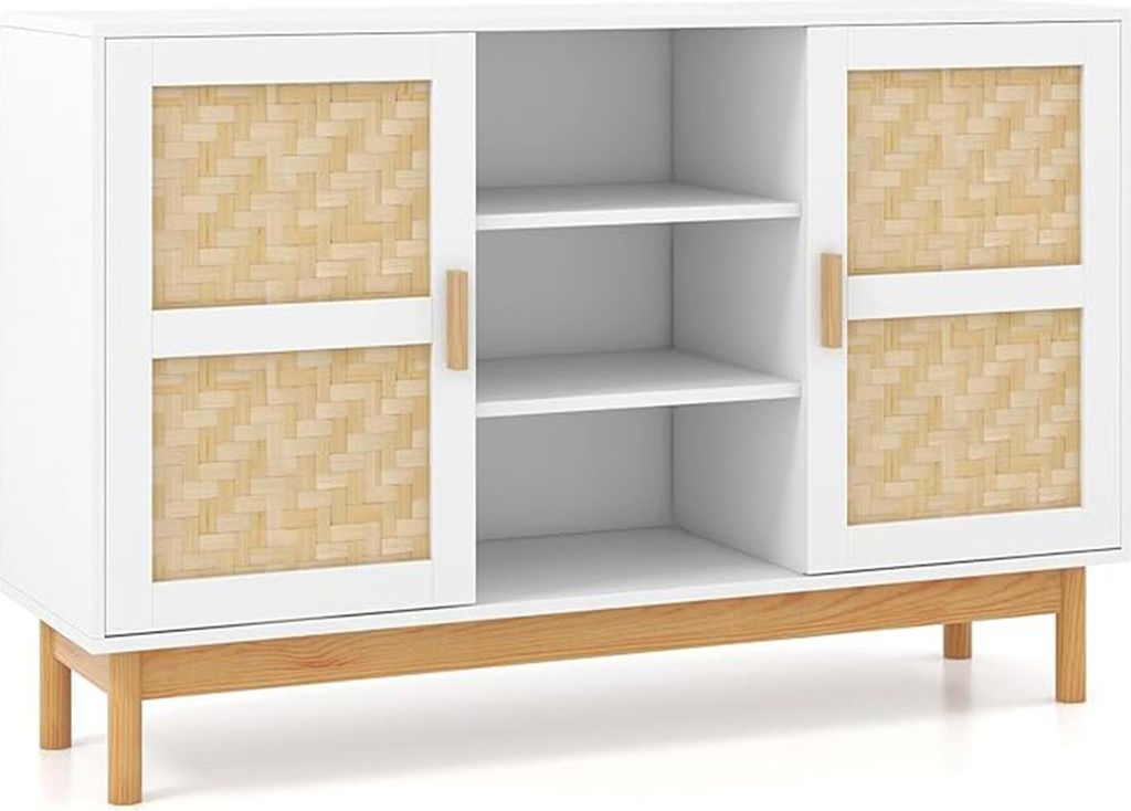 Vielseitiges Sideboard, 2-türiger Buffetschrank mit 3 offenen Regalen, dekorativem Rattan & Beinen aus Massivholz, Kippsicherer Akzentschrank, Weiß