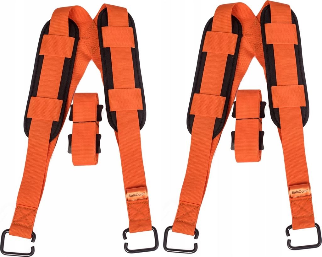 Two sets of orange shoulder straps with black padding, laid out against a white background.