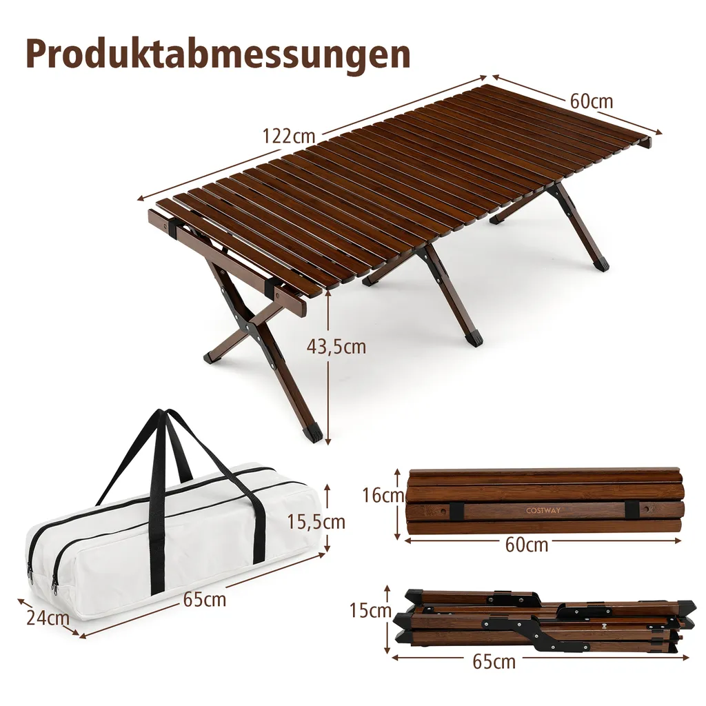 Table de camping en bambou COSTWAY table pliante enroulable café - 7