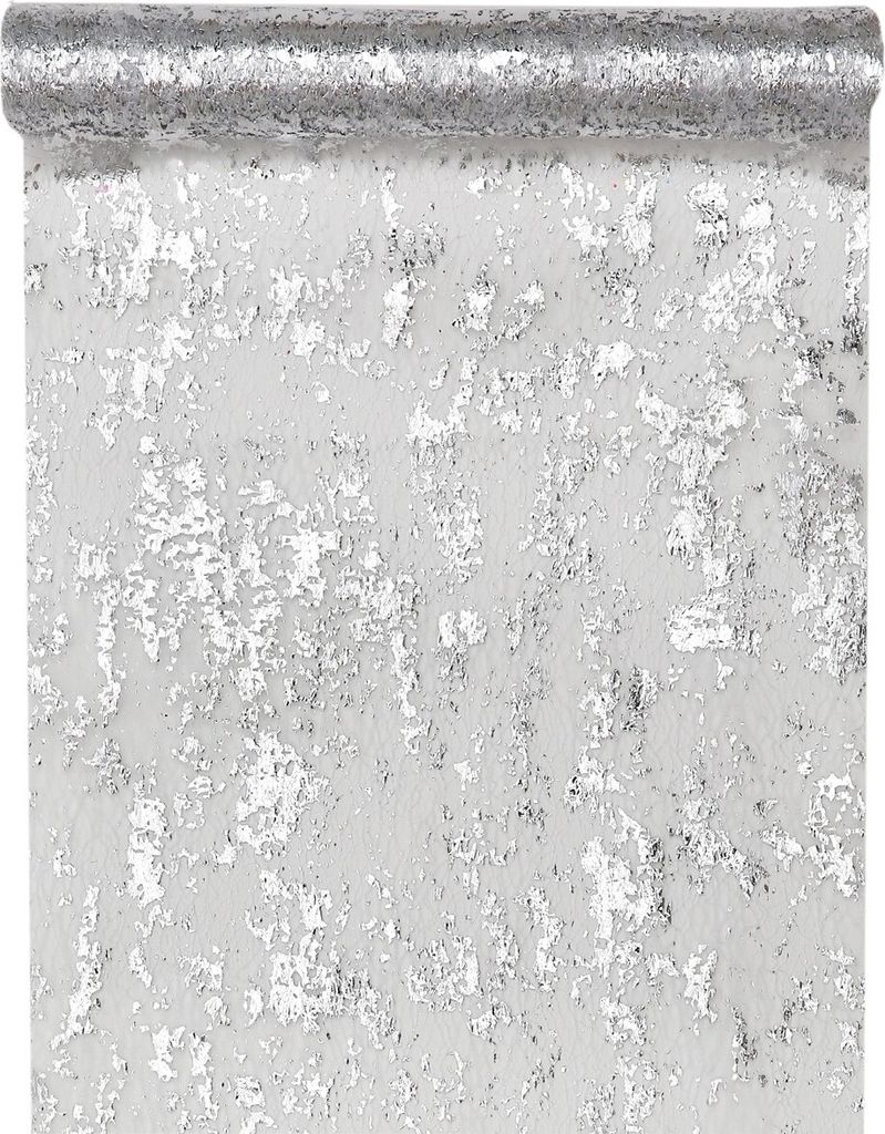 A roll of silver and white textured table runner.