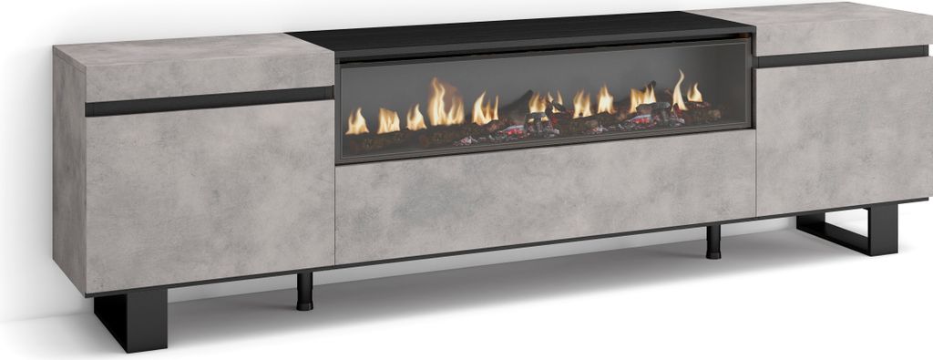 A modern TV stand with a built-in electric fireplace, presented against a white background.