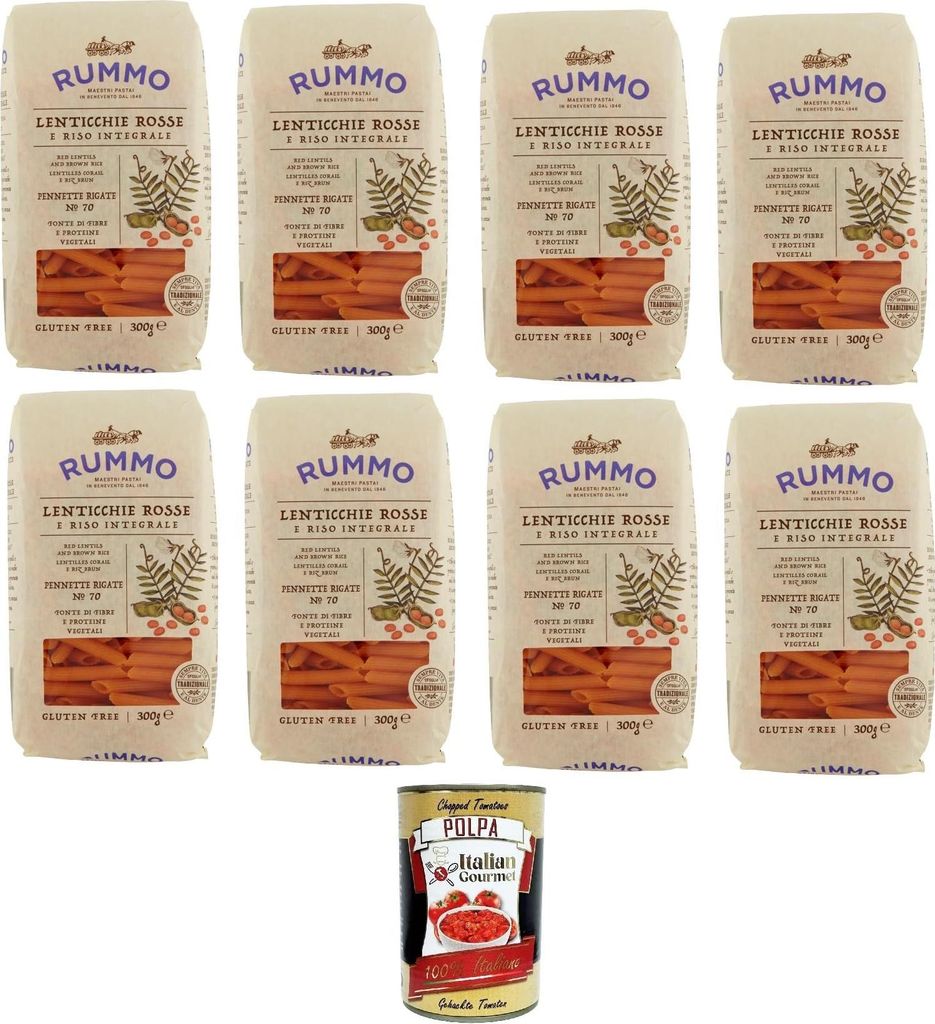 Rummo Pennette Rigate N°70 Glutenfreie Pasta mit Linsen und braunem Reis 8x 300gr + Italian Gourmet polpa 400g