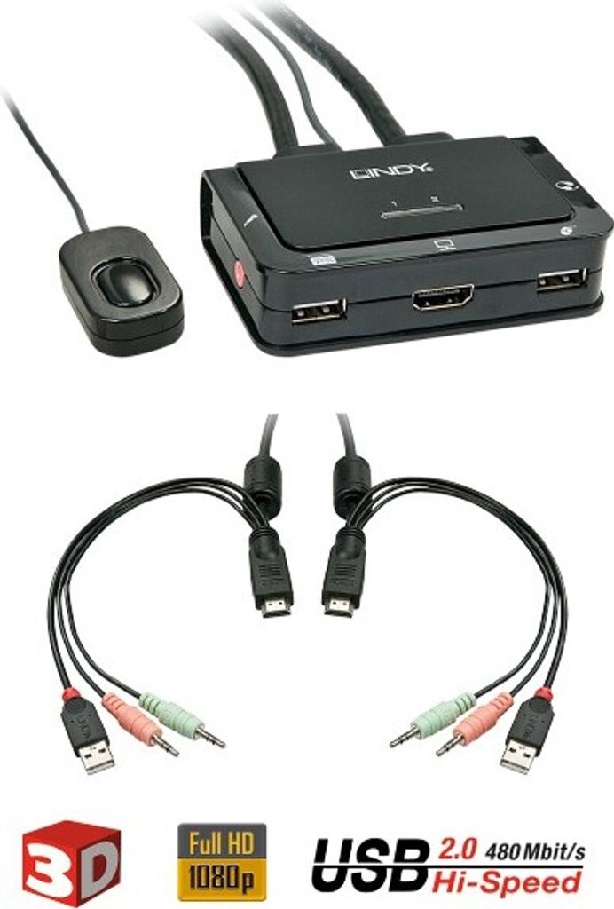 LINDY KVM Switch Compact 2 Port HDMI USB 2.0 & Audio