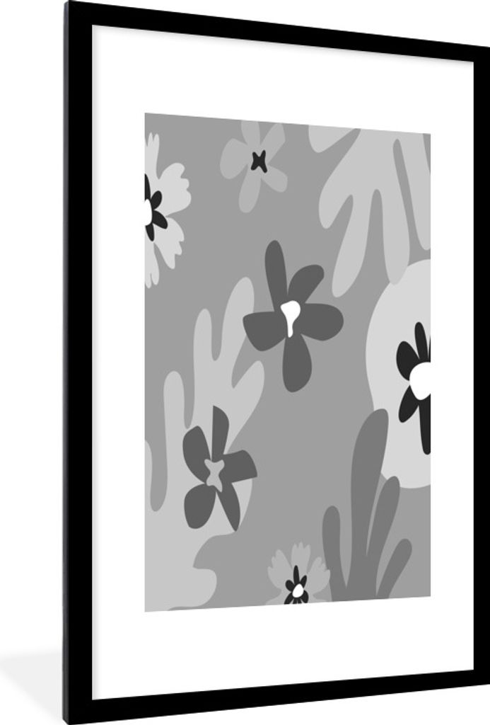 MuchoWow Gerahmtes Poster Hintergrund - Blumen - Schwarz - Weiß 60x90 cm - Poster mit Schwarzem Bilderrahmen Wandposter Rahmen Foto Bilder - Dek...