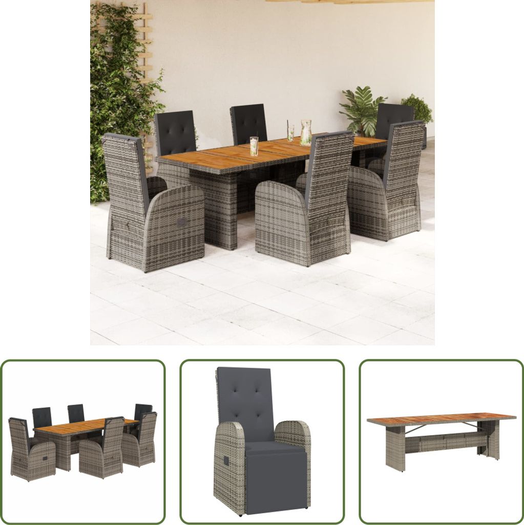 The Living Store 7-tlg. Garten-Essgruppe mit Kissen Grau Poly Rattan