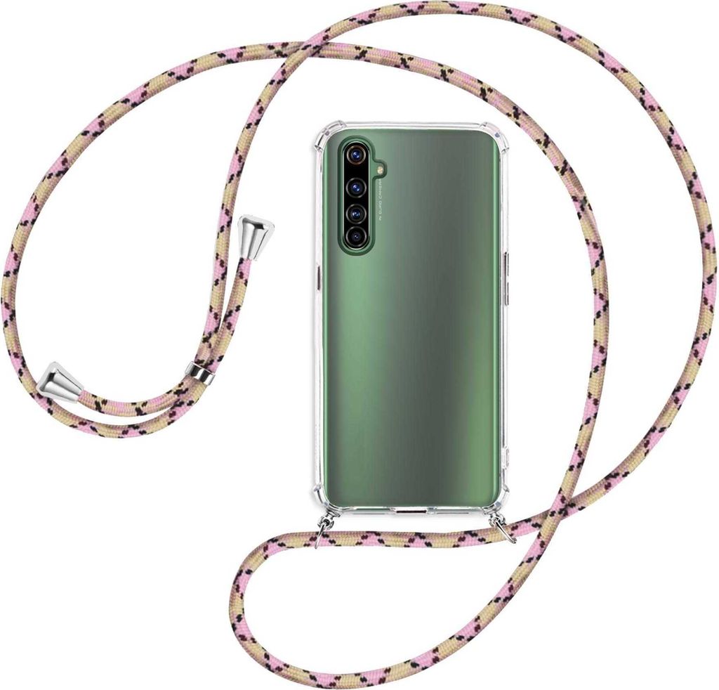 Handykette Backcover-Schutzhülle mit Band (Metall silberfarben) für Realme X50 Pro 5G - rosa Karo