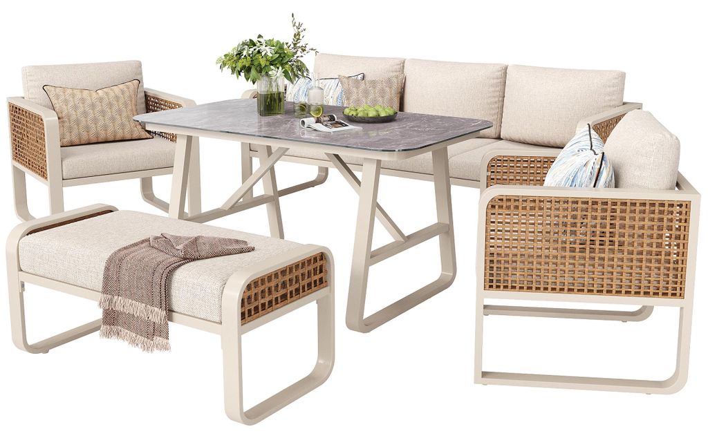 Gartenlounge-Set für 6-7 Personen, PE-Rattan Sitzgruppe inkl. Beistelltisch, Gartensofa mit waschbaren Kissen, verstellbaren Füßen für Terrasse