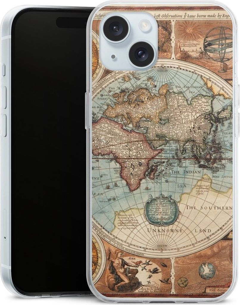DeinDesign Handyhülle für Apple iPhone 15 Silikon Hülle Case Smartphone Schutzhülle Landkarte Vintage Weltkarte