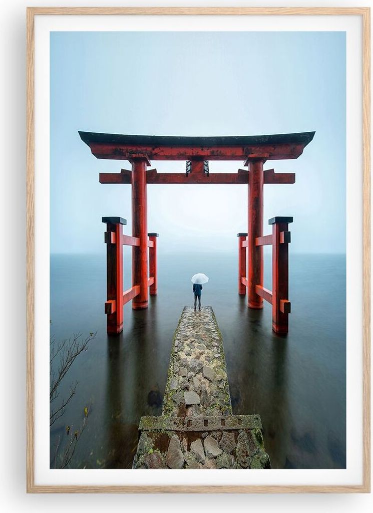 Gerahmtes Poster - Rahmen in heller Eiche - Itsukushima-Jinja Tempel Regenschirm - 70x100 cm - Wand Bild - Wanddeko - Wandbilder - Wandposter - Bil...