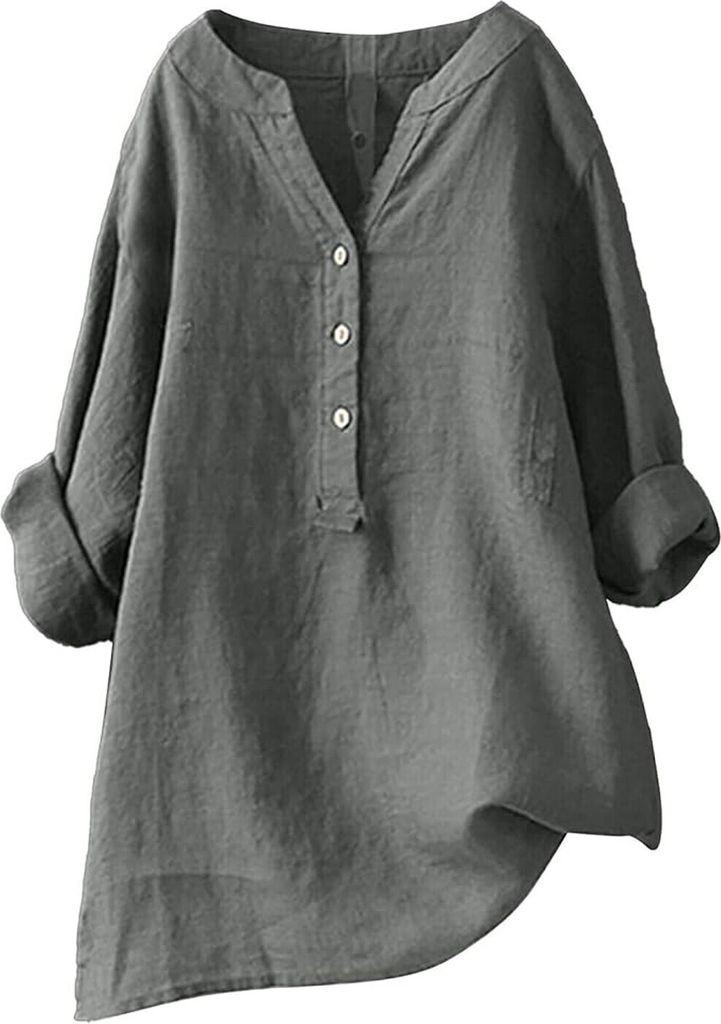 ASKSA Damen Baumwolle Leinen Bluse Einfarbig Langarm Shirt Lose Blusenshirt Knoepfen Aufrollen Tops, Dunkelgrau, Groesse: L