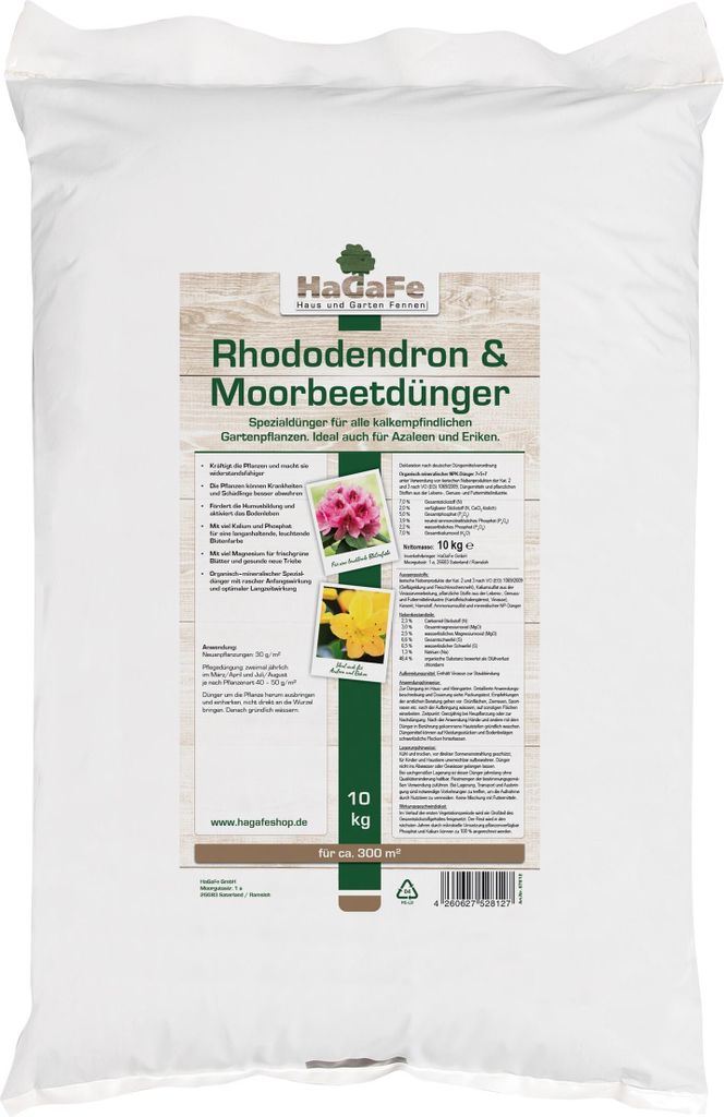 HaGaFe Rhododendrondünger, Moorbeetdünger, 1 x 10kg, Spezialdünger für alle Moorbeetpflanzen, Ideal auch für Azaleen, Heide und Eriken