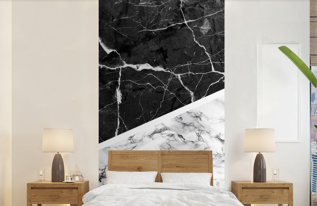 MuchoWow Fototapete für Wohnzimmer oder Schlafzimmer Wandtapete Vinyl Motivtapete Marmor - Schwarz - Weiß - 120x240 cm - Hintergrundbild