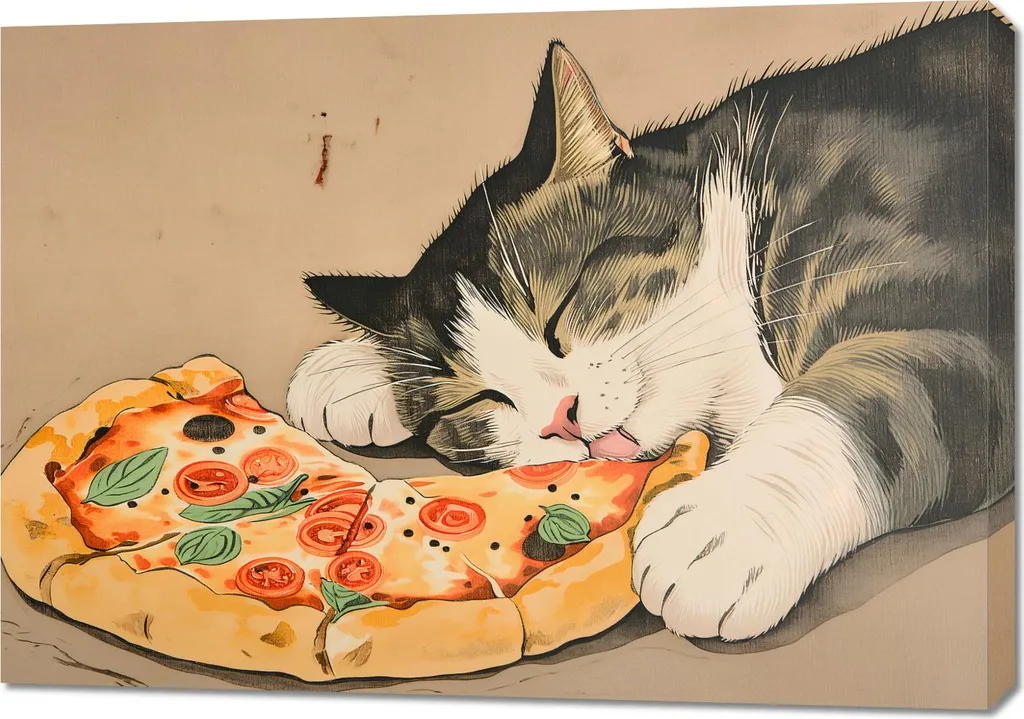 Toile Chat Pizza 100 x 70 cm - Impression HD Couleurs Vives et Durables