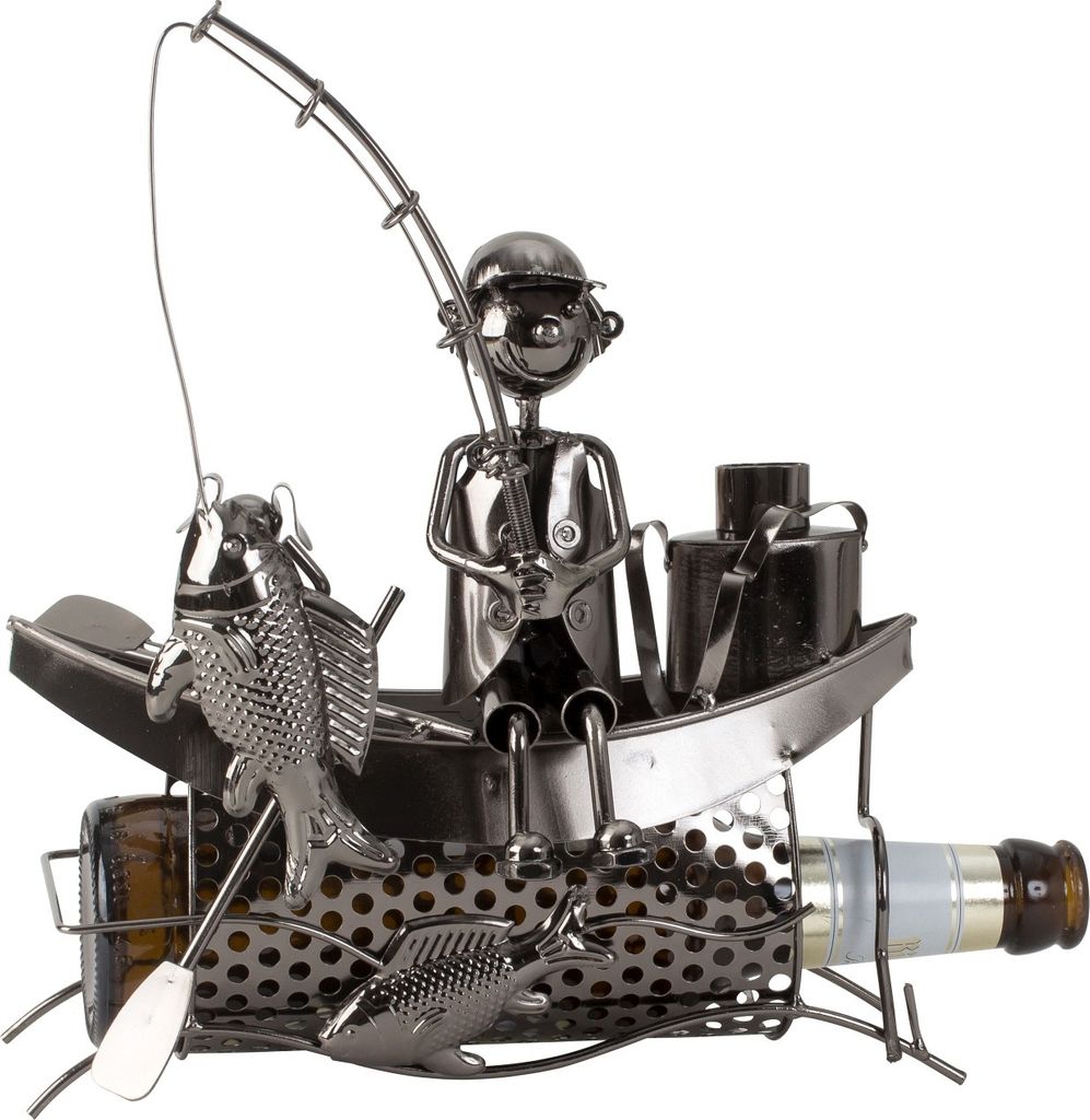 Moderner Bier Flaschenhalter Flaschenständer Fischer im Boot aus Metall in silber 22x23 cm