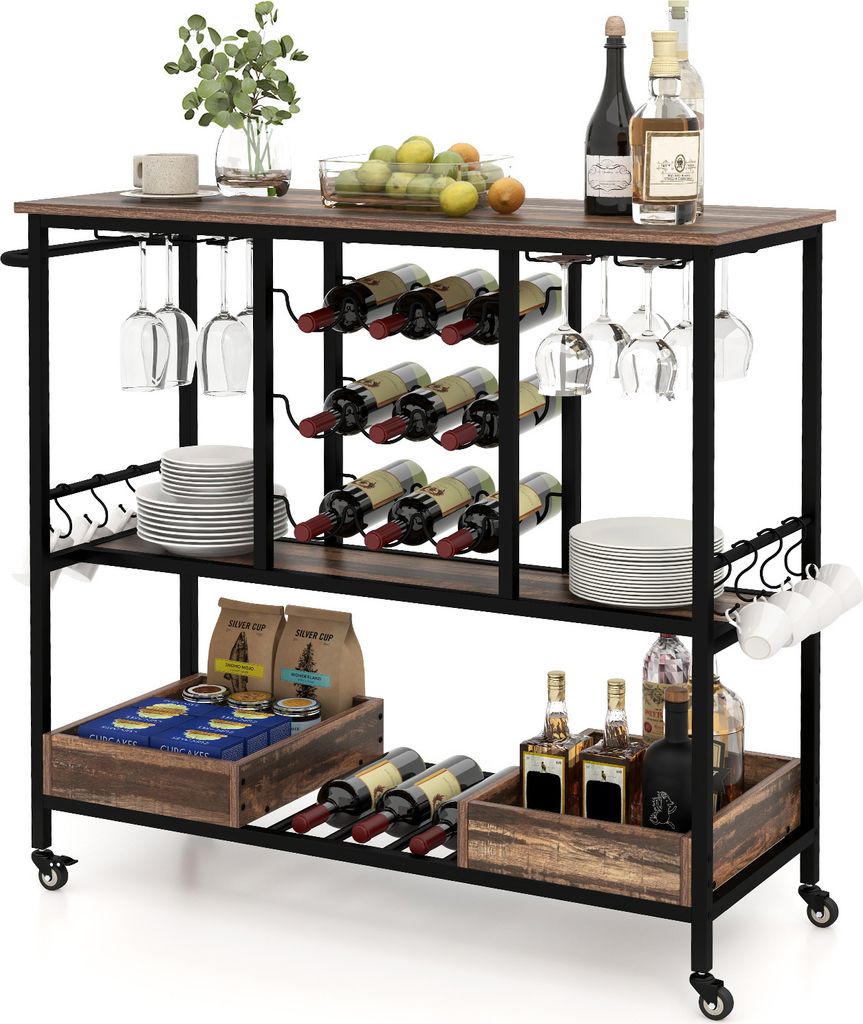 GOPLUS Servierwagen 3 Ebenen, Barwagen mit Weinregal & Glashalter, Küchenwagen mit Griff & Haken, Rollwagen Weinwagen Küche, Bar, 107,5x40x91,5cm