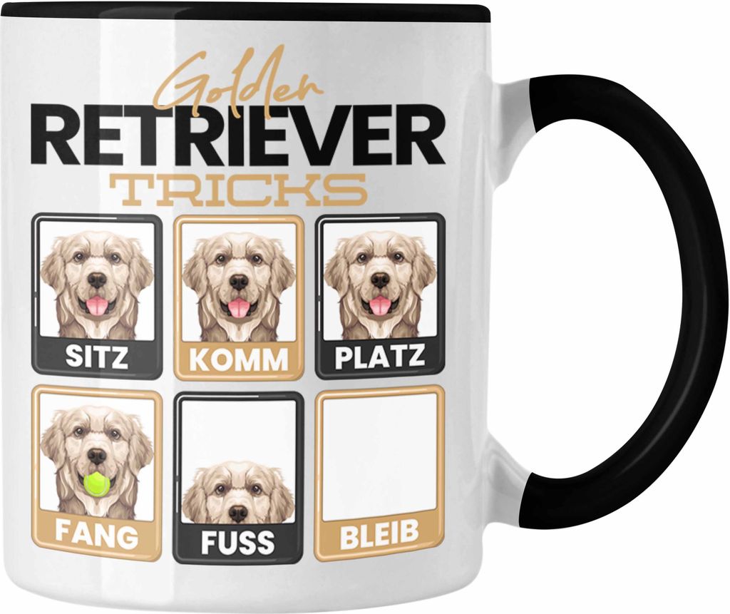 Trendation - Golden Retriever Besitzer Tasse Geschenk Lustiger Spruch Geschenkidee Golden Retriever Tricks Bleib (Schwarz)