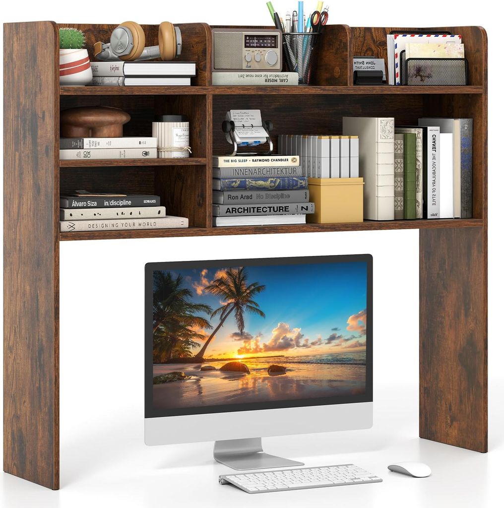 GOPLUS 3-stufiges Schreibtisch Regal, Desktop Bücherregal Shelf mit 6 offenen Regalen für Monitore bis zu 32", verstellbares Bücherregal Holz f...