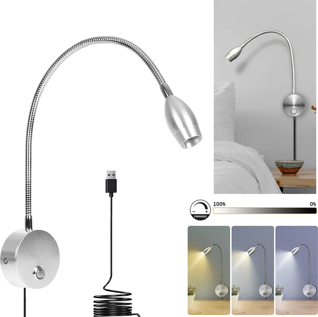 Lampada da Lettura LED Argento Parete Touch Dimmable per Camera da Letto