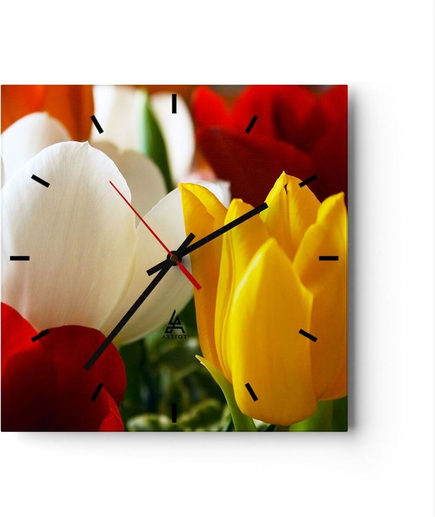 Wanduhr - Quadrat - Glasuhr - Tulpen Vase Blumenstrauß - 30x30cm - Schleichendes Uhrwerk - Lautlos - zum Aufhängen bereit - Dekoration Modern - W...