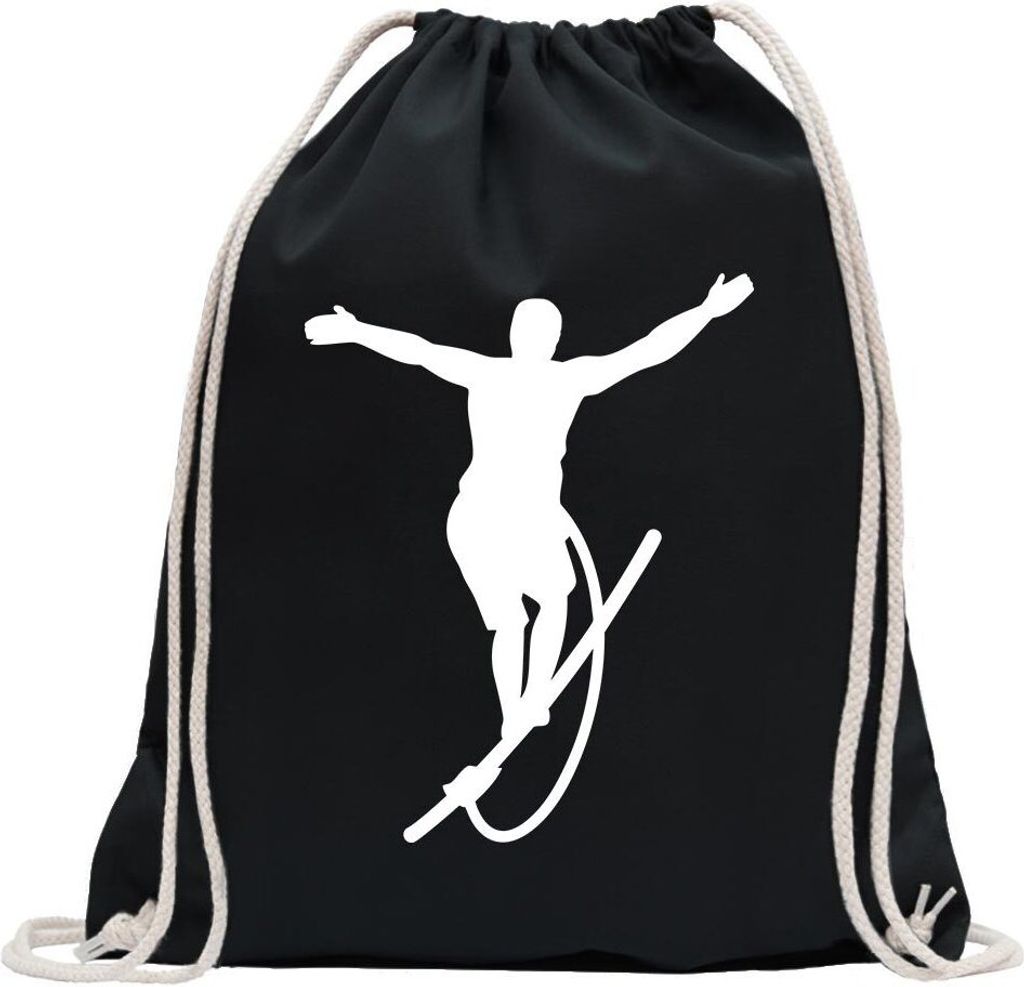 Kiwistar - Turnbeutel - schwarz - Seiltanz Laufen Sport Figur - Fun Rucksack Sport Beutel Gymsack Baumwolle mit Ziehgurt