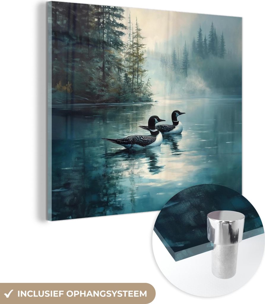 MuchoWow Glasbilder - Bilder auf Wandbild - Foto auf Glas Wald - Wasser - Enten - Neblig 40x40 cm Wanddekoration aus Glas - Acrylglasbild - Acrylbi...