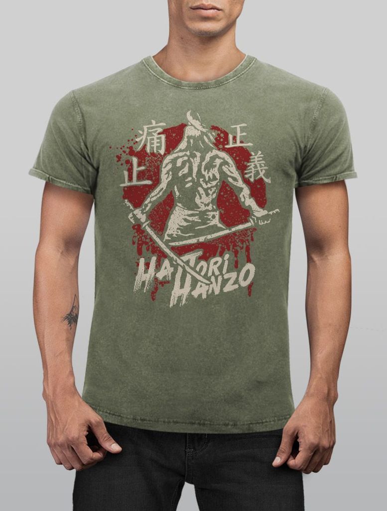 Herren Vintage Shirt Samurai Schwert japanische Schriftzeichen Schriftzug Hattori Hanzo Used Look Neverless oliv L