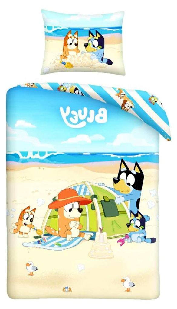 Bettset Bluey Familie am Strand, Hündchen, Bluey Bingo Bandit Chilli, wendbarer Bettbezug 140 x 200 cm und Kissenbezug 70 x 90 cm, Mehrfarbig, 100...