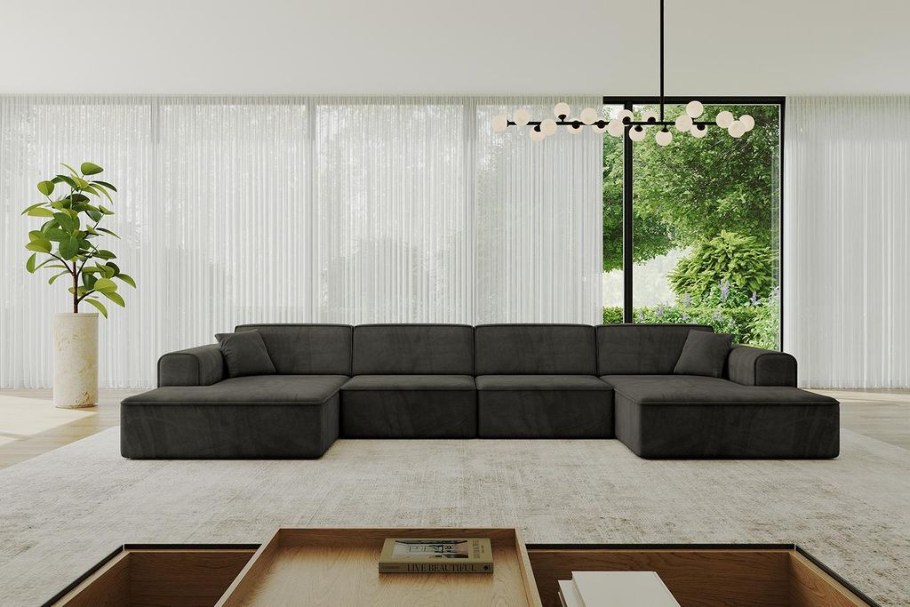 ALTDECOR Ecksofa in U-Form IREA-U2-v3 386x165x77 cm Schwarz Corner Sofa Bett Eckcouch Couch L-Form Wohnlandschaft Cauchsofa