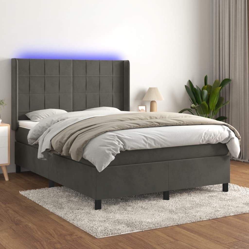 The Living Store Boxspringbett mit Matratze & LED Dunkelgrau 140x190 cm Samt