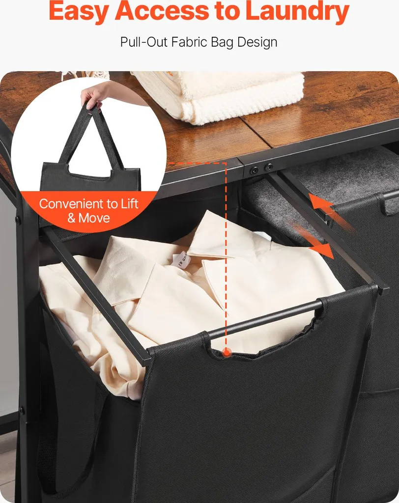 VEVOR cesto portabiancheria con piano in legno, smistatore di biancheria con 2 sacchi estensibili (tessuto Oxford 600D) e struttura in metallo, sistema di smistamento della biancheria per i vestiti sporchi bagno nero - 4