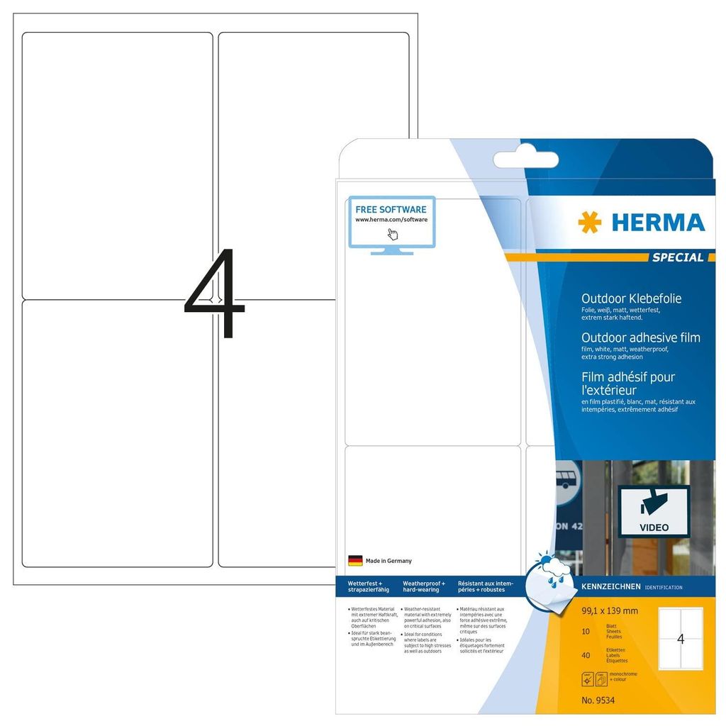 Etiketten A4 Outdoor Klebefolie weiß 99,1x139 mm Folie matt Produktbild 