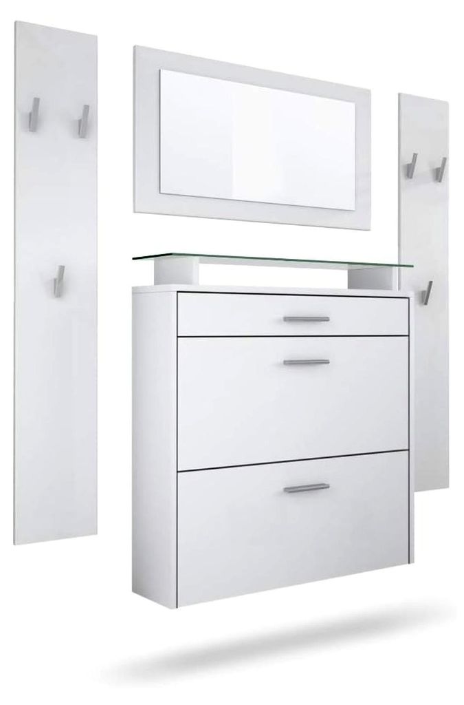 Garderobe Malea, Garderobenset mit 1 Hängeschuhschrank, 1 Wandspiegel und 2 Garderobenpaneelen, Weiß matt/Weiß matt