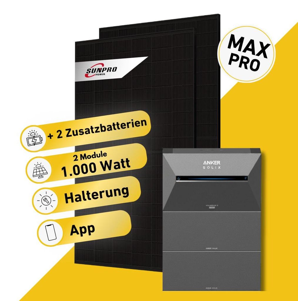 Balkonstrom Balkonkraftwerk 1000W mit Speicher | 2xZusatzspeicher | Biberschwanzdachhalterung | 2xSolarmodul Bifazial | Anker Solix 3 Pro |Kabel 15m